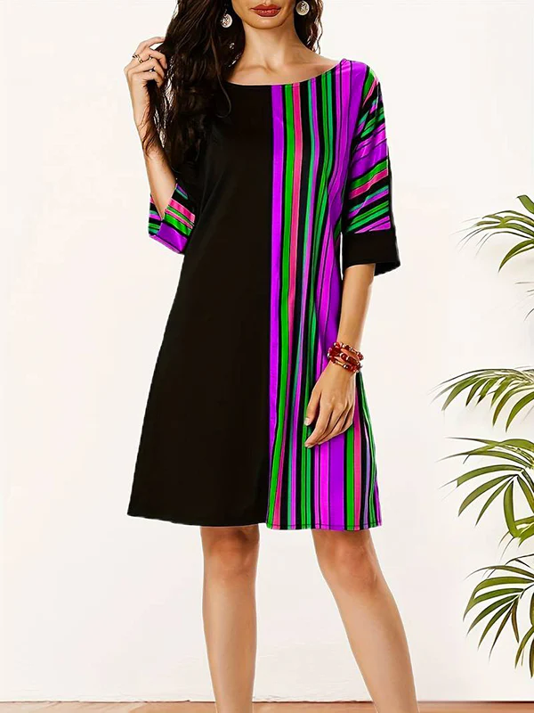 A-Line Half Sleeves Asymmetric Contrast Color Striped Round-Neck Mini Dresses - Image 5