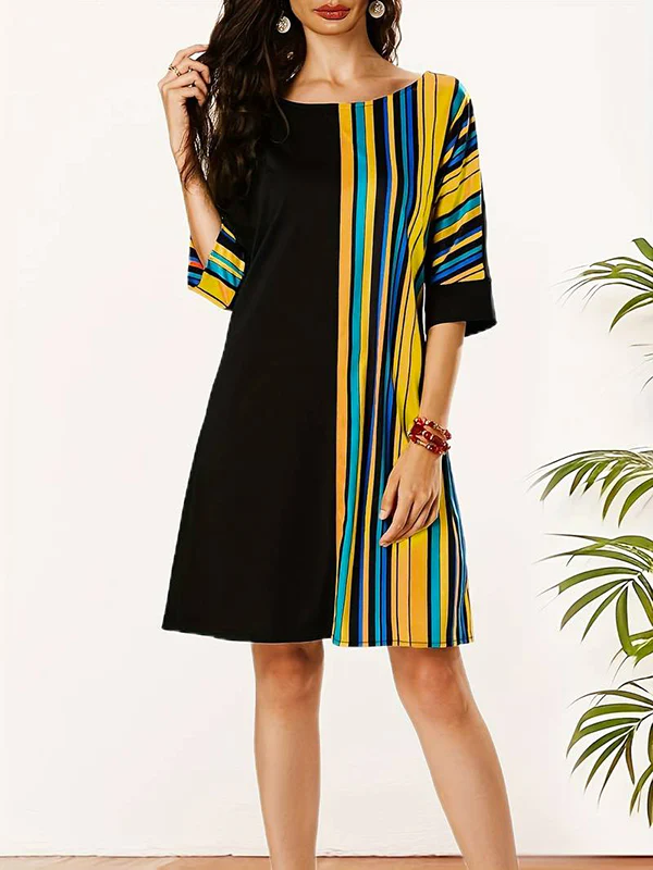 A-Line Half Sleeves Asymmetric Contrast Color Striped Round-Neck Mini Dresses - Image 6