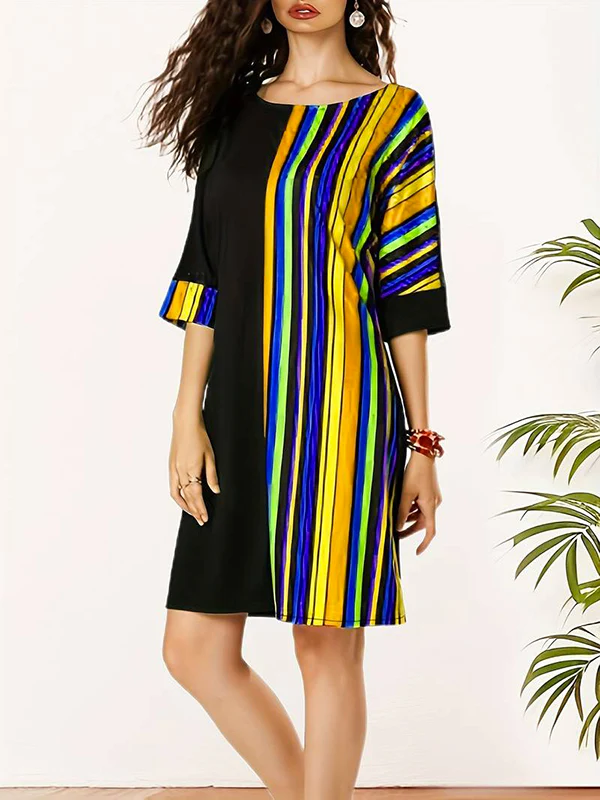 A-Line Half Sleeves Asymmetric Contrast Color Striped Round-Neck Mini Dresses - Image 7