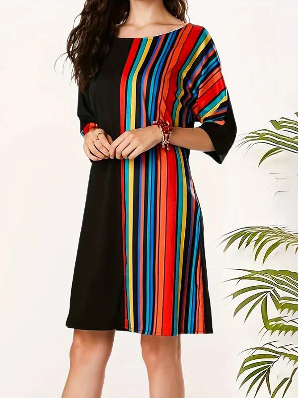 A-Line Half Sleeves Asymmetric Contrast Color Striped Round-Neck Mini Dresses - Image 8