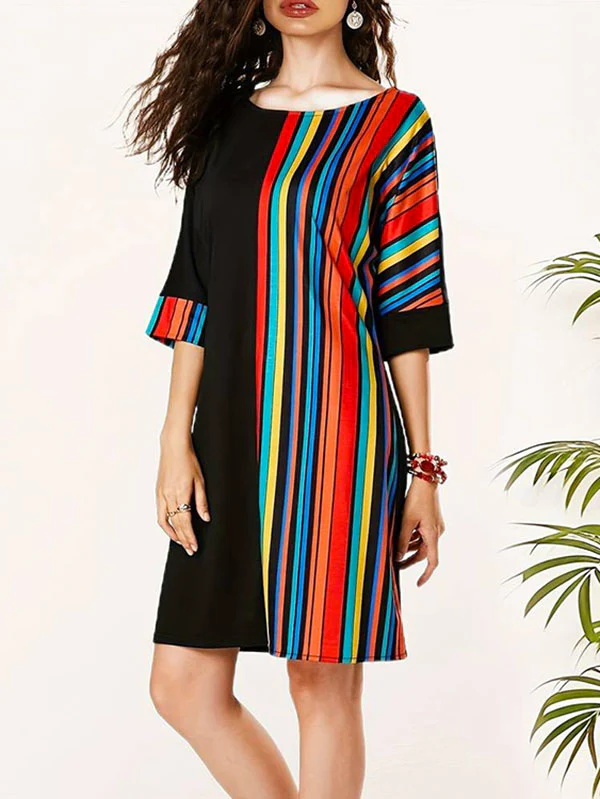 A-Line Half Sleeves Asymmetric Contrast Color Striped Round-Neck Mini Dresses - Image 9