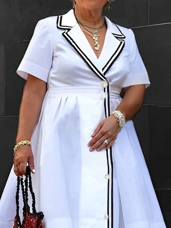 A-Line Half Sleeves Buttoned Contrast Color Pleated Notched Collar Midi Dresses - Image 2