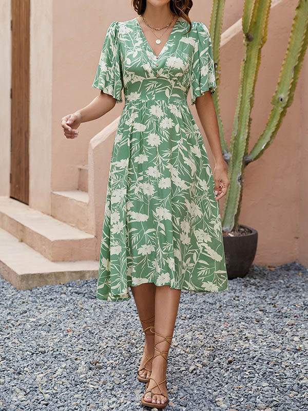 A-Line Half Sleeves Buttoned Contrast Color Pleated V-Neck Midi Dresses - Image 5