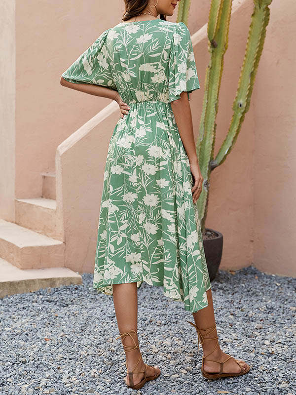 A-Line Half Sleeves Buttoned Contrast Color Pleated V-Neck Midi Dresses - Image 7