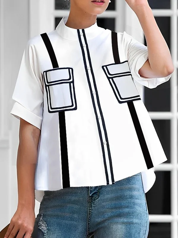A-Line Half Sleeves Buttoned Contrast Color Pockets Mock Neck Blouses&Shirts Tops