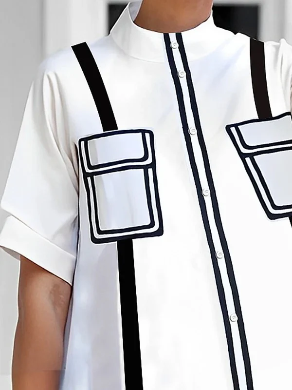A-Line Half Sleeves Buttoned Contrast Color Pockets Mock Neck Blouses&Shirts Tops - Image 2