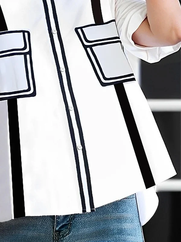 A-Line Half Sleeves Buttoned Contrast Color Pockets Mock Neck Blouses&Shirts Tops - Image 3