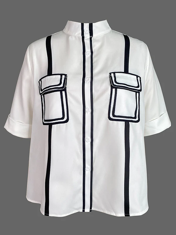 A-Line Half Sleeves Buttoned Contrast Color Pockets Mock Neck Blouses&Shirts Tops - Image 4