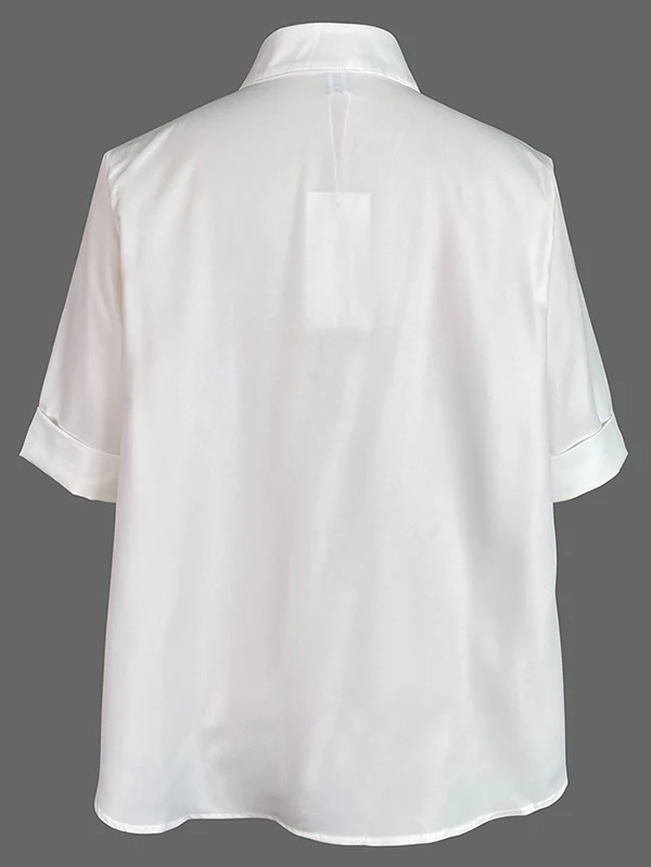 A-Line Half Sleeves Buttoned Contrast Color Pockets Mock Neck Blouses&Shirts Tops - Image 5