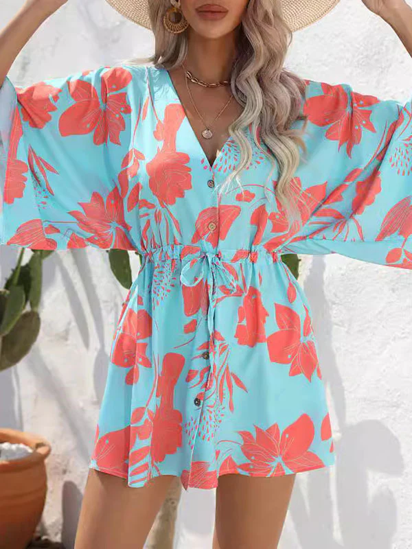 A-Line Half Sleeves Buttoned Drawstring Flower Print V-Neck Mini Dresses - Image 3