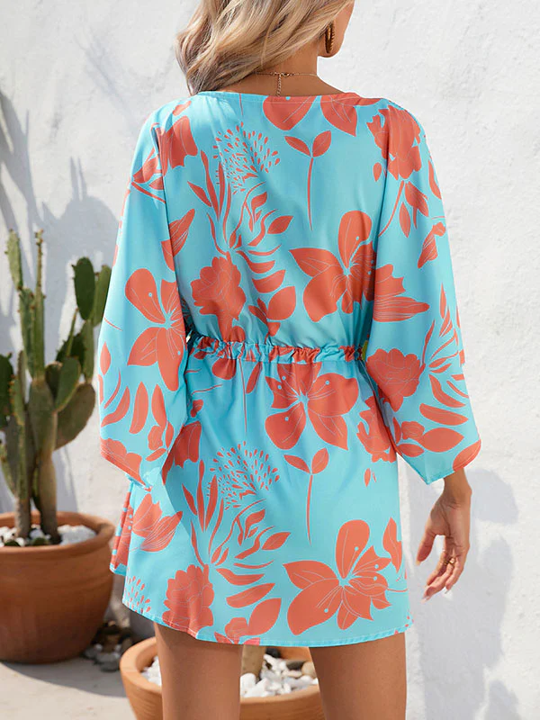 A-Line Half Sleeves Buttoned Drawstring Flower Print V-Neck Mini Dresses - Image 6