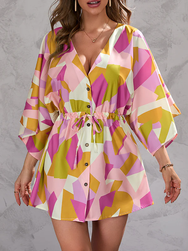 A-Line Half Sleeves Buttoned Drawstring Printed V-Neck Mini Dresses - Image 2