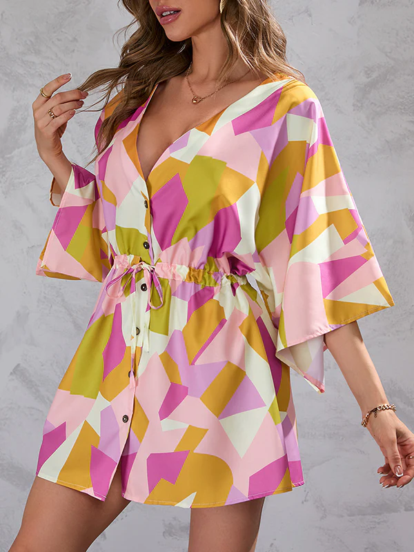 A-Line Half Sleeves Buttoned Drawstring Printed V-Neck Mini Dresses - Image 4