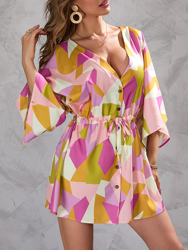 A-Line Half Sleeves Buttoned Drawstring Printed V-Neck Mini Dresses - Image 5