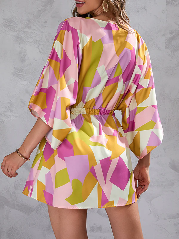 A-Line Half Sleeves Buttoned Drawstring Printed V-Neck Mini Dresses - Image 6