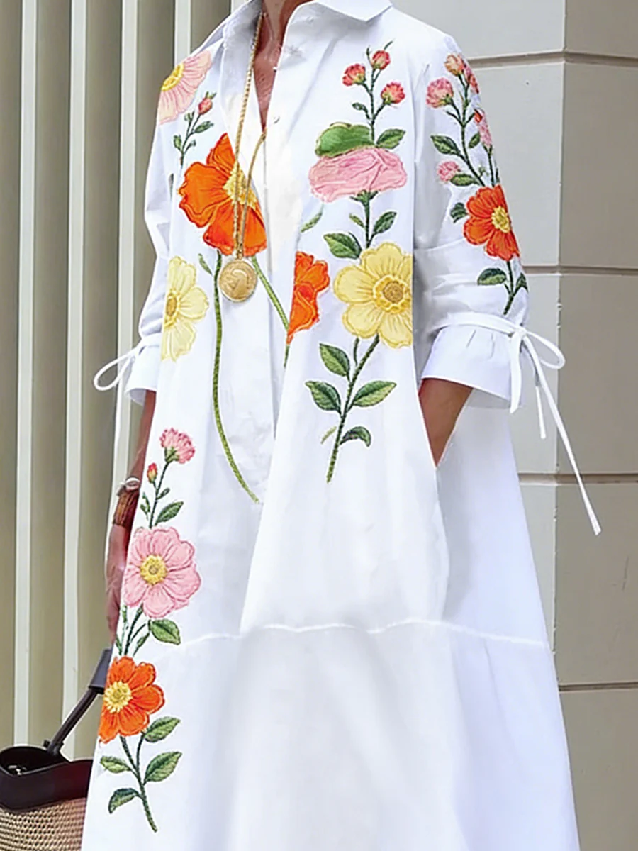 A-Line Half Sleeves Buttoned Flower Print Pockets Split-Joint Tied Lapel Midi Dresses - Image 2