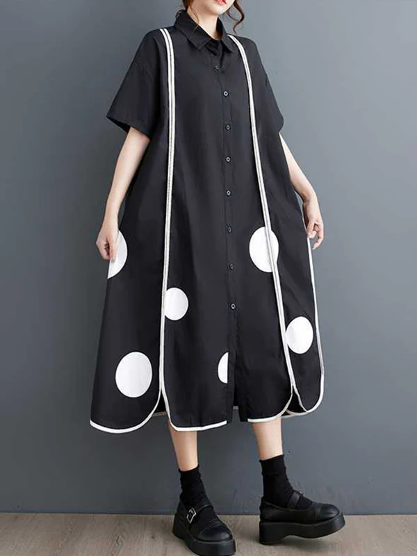 A-Line Half Sleeves Buttoned Pockets Polka-Dot Split-Front Split-Joint Lapel Midi Dresses Shirt Dress - Image 10