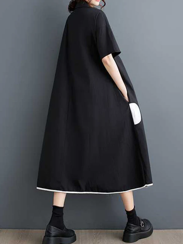 A-Line Half Sleeves Buttoned Pockets Polka-Dot Split-Front Split-Joint Lapel Midi Dresses Shirt Dress - Image 11