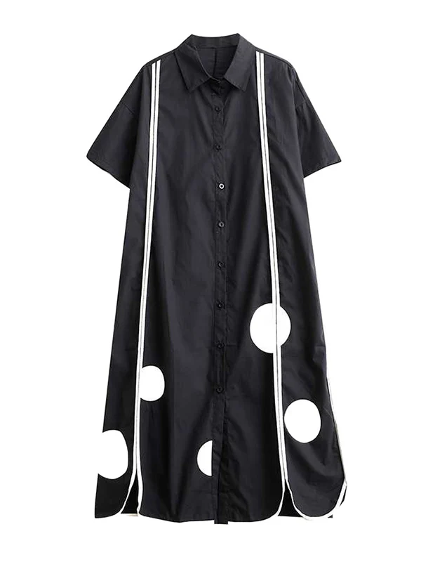 A-Line Half Sleeves Buttoned Pockets Polka-Dot Split-Front Split-Joint Lapel Midi Dresses Shirt Dress - Image 12