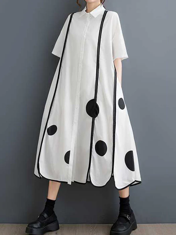 A-Line Half Sleeves Buttoned Pockets Polka-Dot Split-Front Split-Joint Lapel Midi Dresses Shirt Dress - Image 2