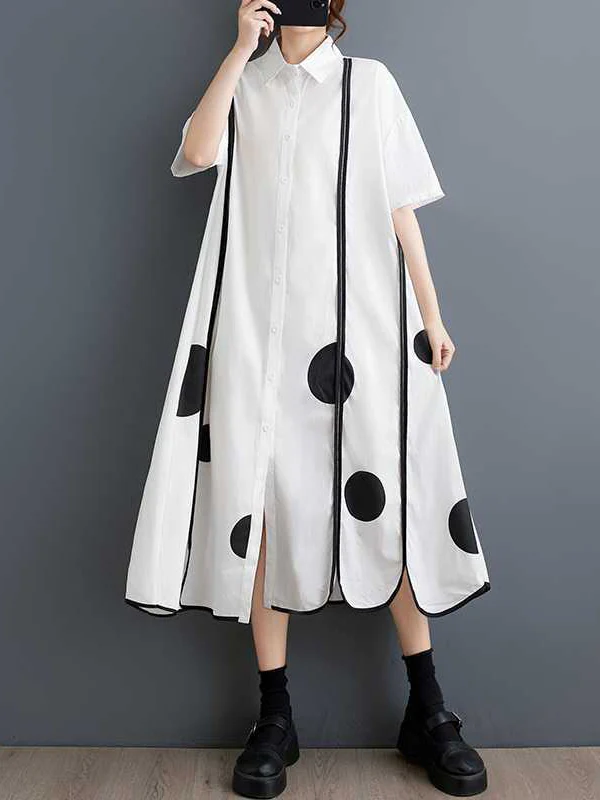 A-Line Half Sleeves Buttoned Pockets Polka-Dot Split-Front Split-Joint Lapel Midi Dresses Shirt Dress - Image 3