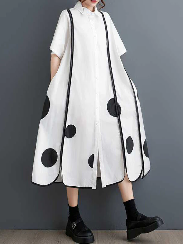 A-Line Half Sleeves Buttoned Pockets Polka-Dot Split-Front Split-Joint Lapel Midi Dresses Shirt Dress - Image 4
