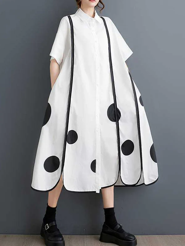 A-Line Half Sleeves Buttoned Pockets Polka-Dot Split-Front Split-Joint Lapel Midi Dresses Shirt Dress - Image 5