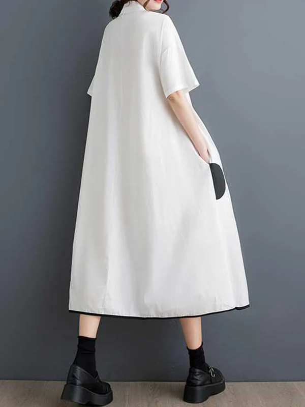 A-Line Half Sleeves Buttoned Pockets Polka-Dot Split-Front Split-Joint Lapel Midi Dresses Shirt Dress - Image 6
