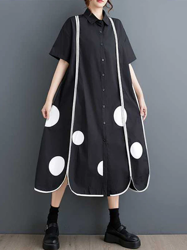A-Line Half Sleeves Buttoned Pockets Polka-Dot Split-Front Split-Joint Lapel Midi Dresses Shirt Dress - Image 7