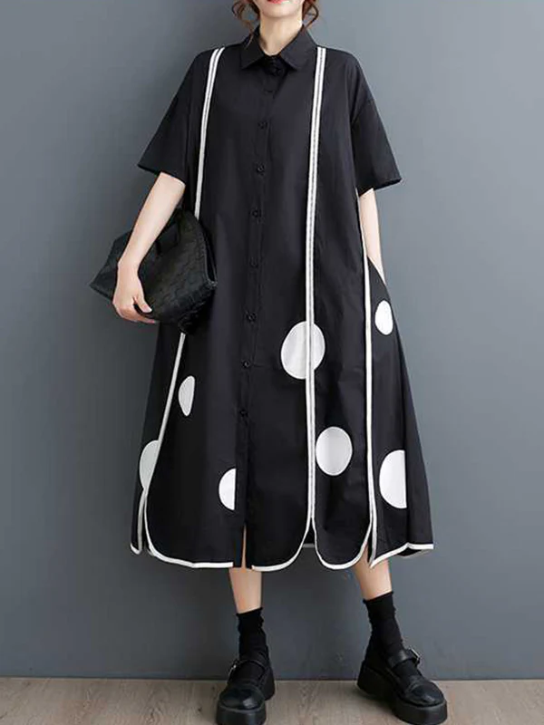 A-Line Half Sleeves Buttoned Pockets Polka-Dot Split-Front Split-Joint Lapel Midi Dresses Shirt Dress - Image 8