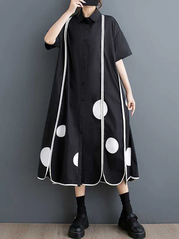 A-Line Half Sleeves Buttoned Pockets Polka-Dot Split-Front Split-Joint Lapel Midi Dresses Shirt Dress - Image 9