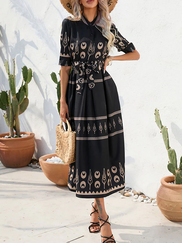 A-Line Half Sleeves Buttoned Tied Waist Lapel Midi Dresses - Image 10