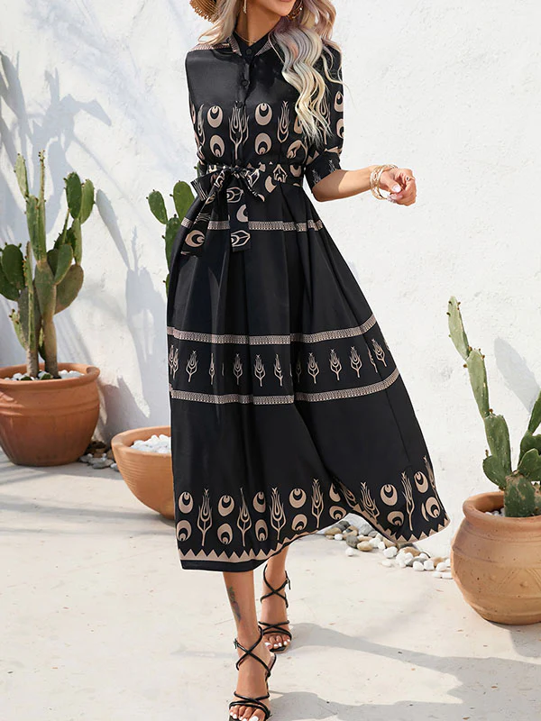 A-Line Half Sleeves Buttoned Tied Waist Lapel Midi Dresses - Image 11