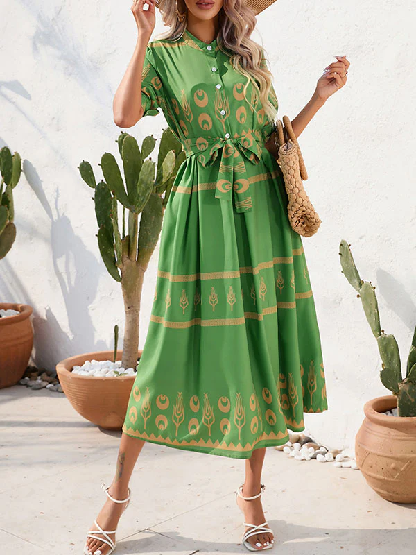 A-Line Half Sleeves Buttoned Tied Waist Lapel Midi Dresses - Image 12