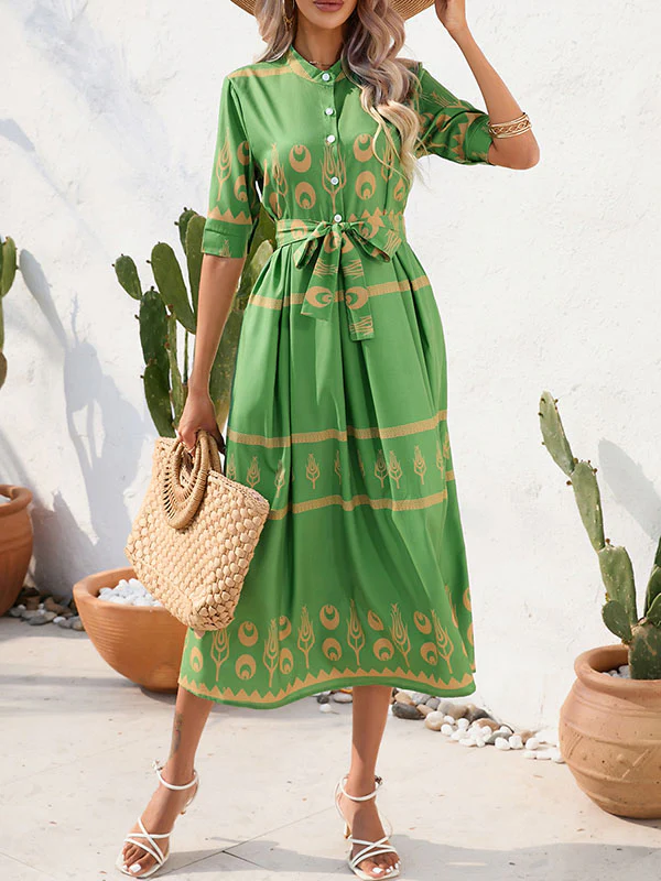 A-Line Half Sleeves Buttoned Tied Waist Lapel Midi Dresses - Image 13