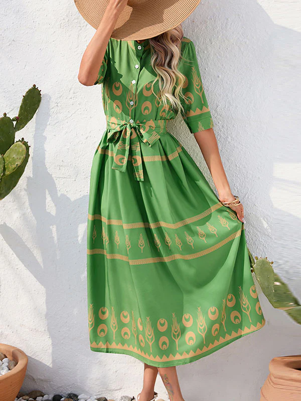 A-Line Half Sleeves Buttoned Tied Waist Lapel Midi Dresses - Image 14