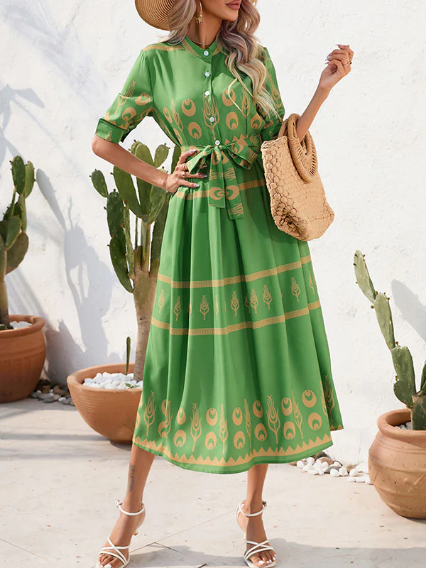 A-Line Half Sleeves Buttoned Tied Waist Lapel Midi Dresses - Image 15