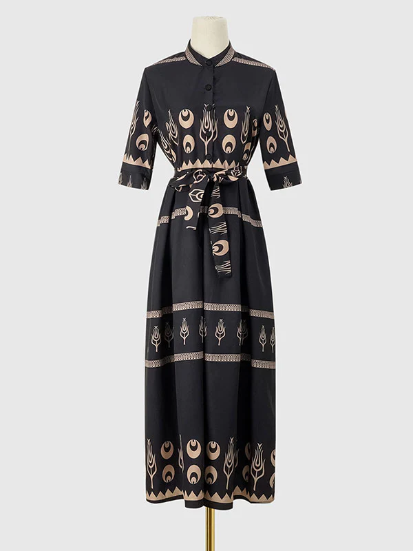 A-Line Half Sleeves Buttoned Tied Waist Lapel Midi Dresses - Image 16