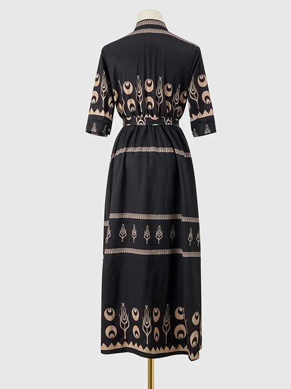 A-Line Half Sleeves Buttoned Tied Waist Lapel Midi Dresses - Image 17