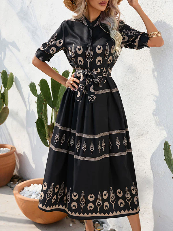 A-Line Half Sleeves Buttoned Tied Waist Lapel Midi Dresses - Image 2