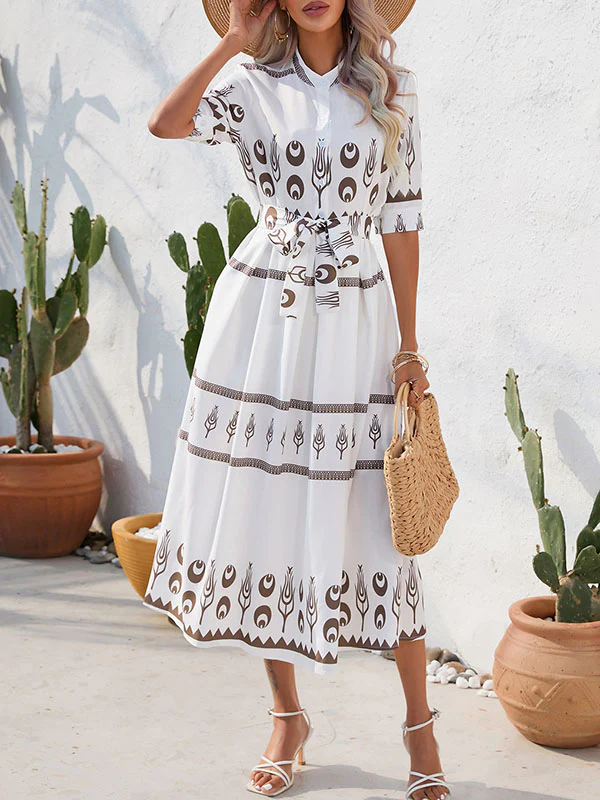 A-Line Half Sleeves Buttoned Tied Waist Lapel Midi Dresses - Image 3