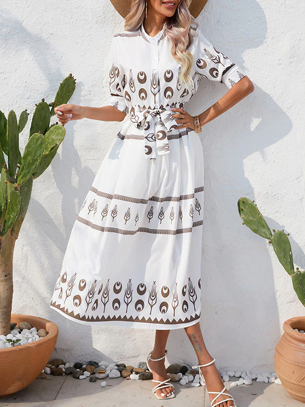 A-Line Half Sleeves Buttoned Tied Waist Lapel Midi Dresses - Image 4