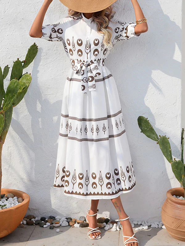 A-Line Half Sleeves Buttoned Tied Waist Lapel Midi Dresses - Image 5