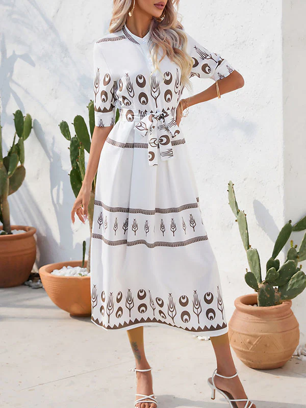 A-Line Half Sleeves Buttoned Tied Waist Lapel Midi Dresses - Image 6