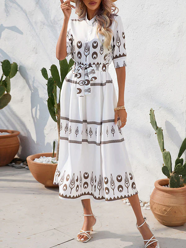A-Line Half Sleeves Buttoned Tied Waist Lapel Midi Dresses - Image 7