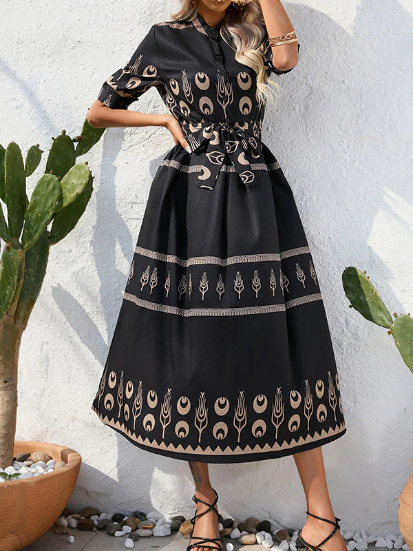 A-Line Half Sleeves Buttoned Tied Waist Lapel Midi Dresses - Image 8