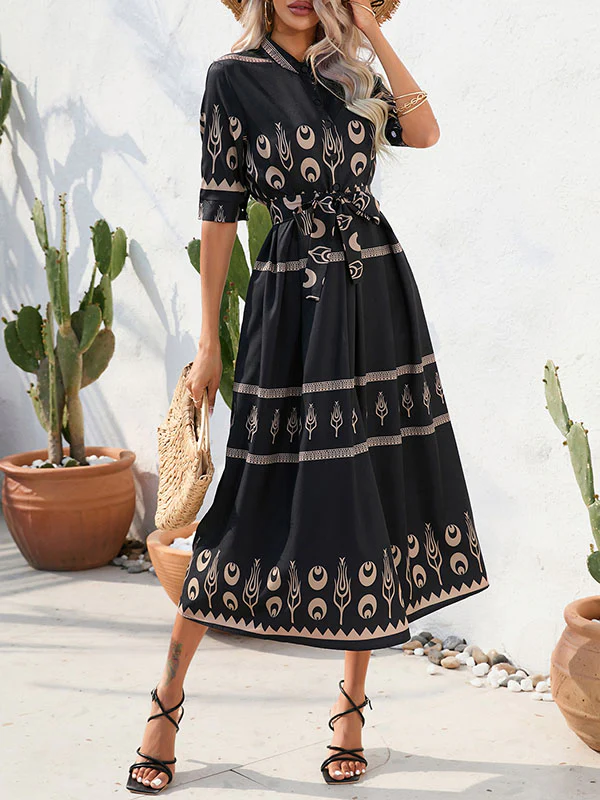 A-Line Half Sleeves Buttoned Tied Waist Lapel Midi Dresses - Image 9