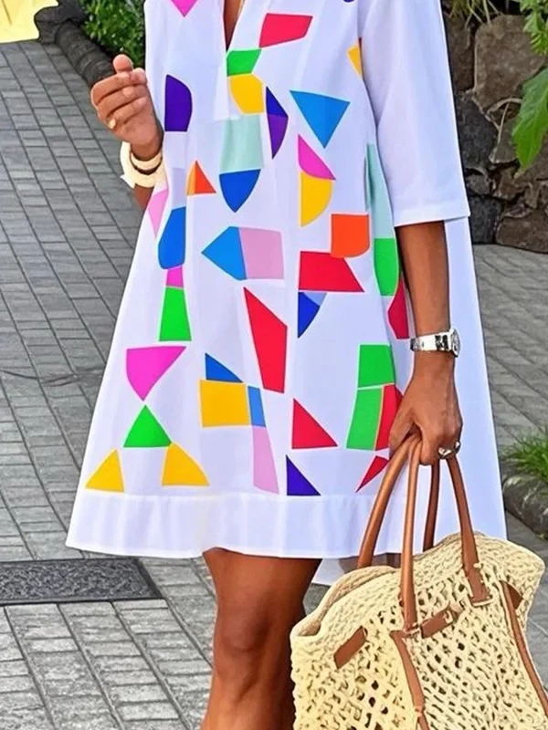 A-Line Half Sleeves Contrast Color Stand Collar Mini Dresses - Image 3