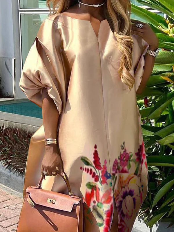 A-Line Half Sleeves Elasticity Flower Print Split-Front V-Neck Maxi Dresses - Image 2