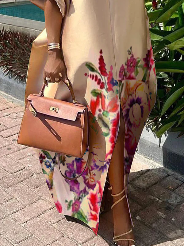 A-Line Half Sleeves Elasticity Flower Print Split-Front V-Neck Maxi Dresses - Image 3